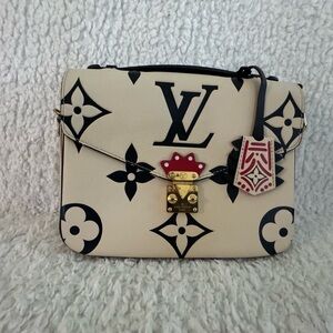 Designer Cream & Black Monogram Leather Crossbody with Red Tag Accent